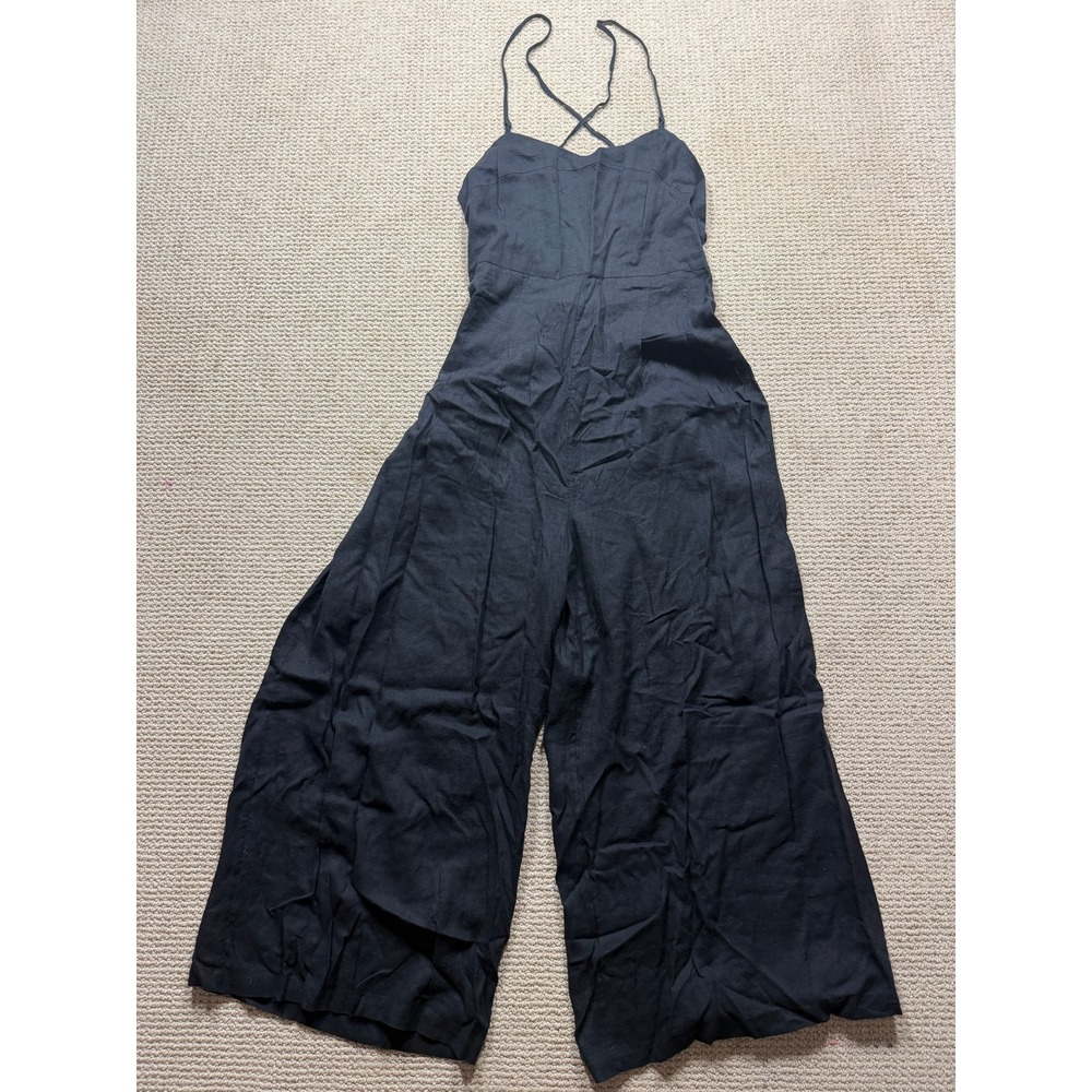 Anthropologie Linen Wide Leg Jumpsuit Black Cross Back Tie Waist Size L NEW